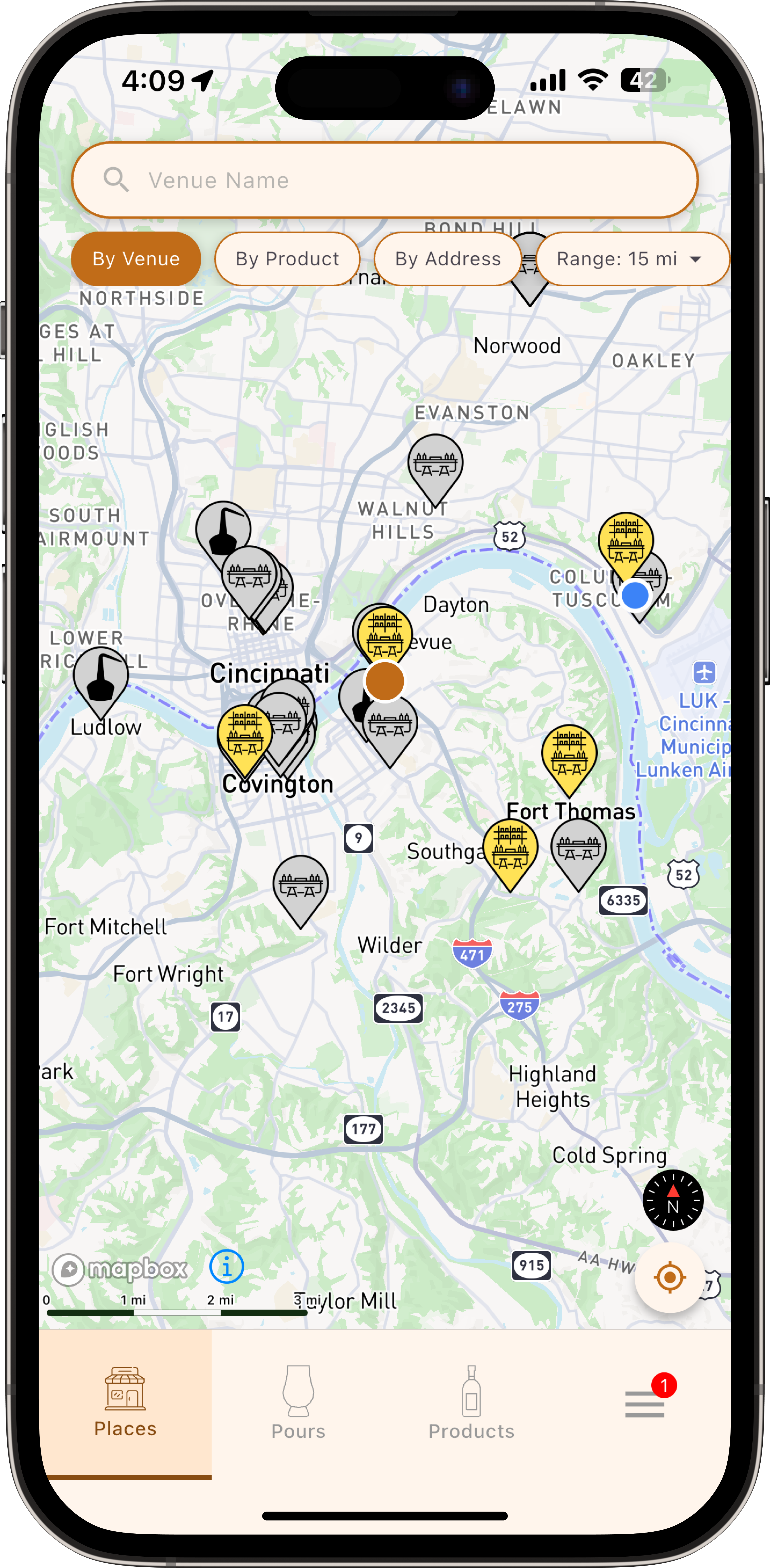 PourlyDone Places tab — map view of nearby venues