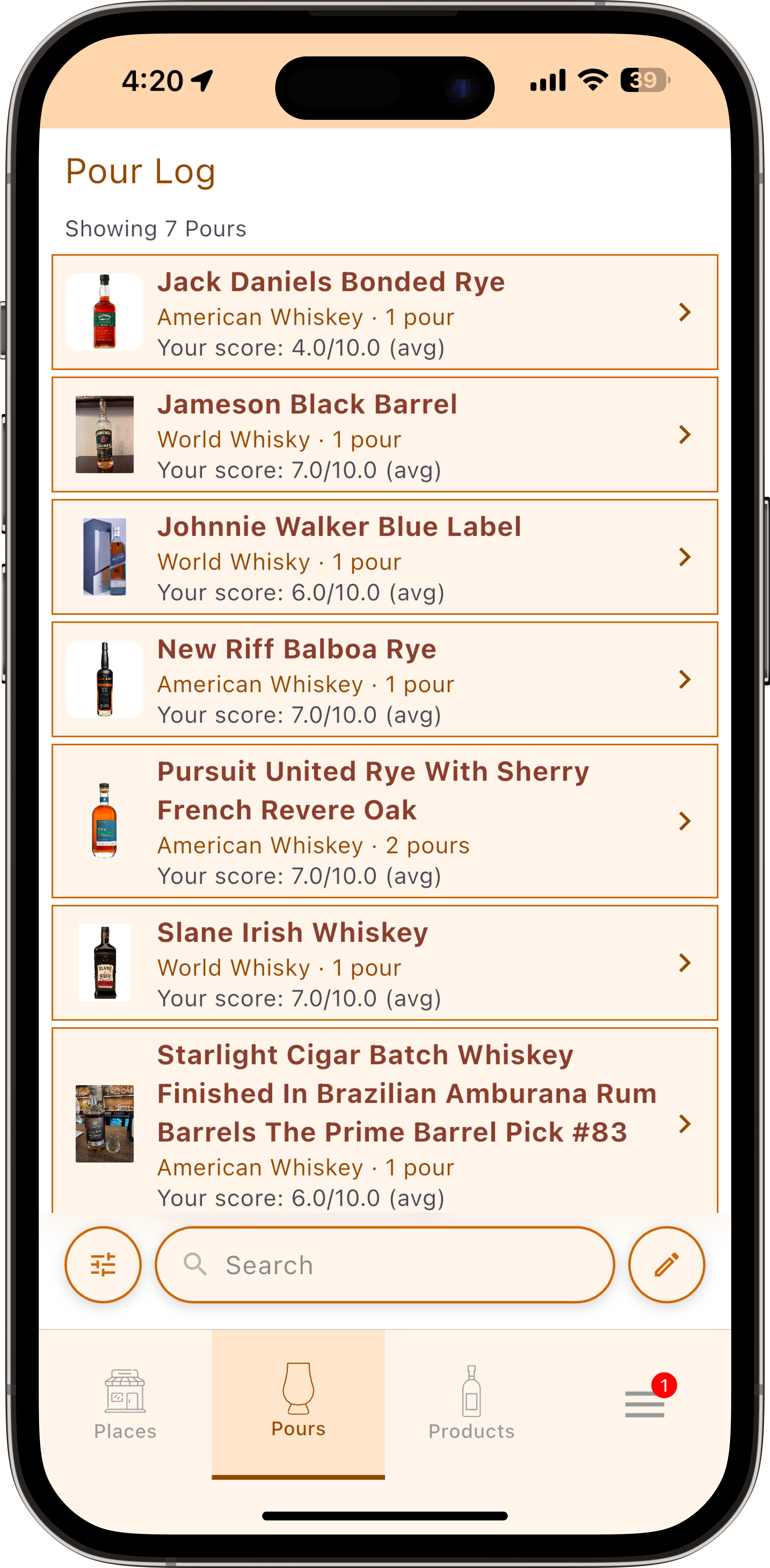PourlyDone Pours tab — pour log and tasting notes