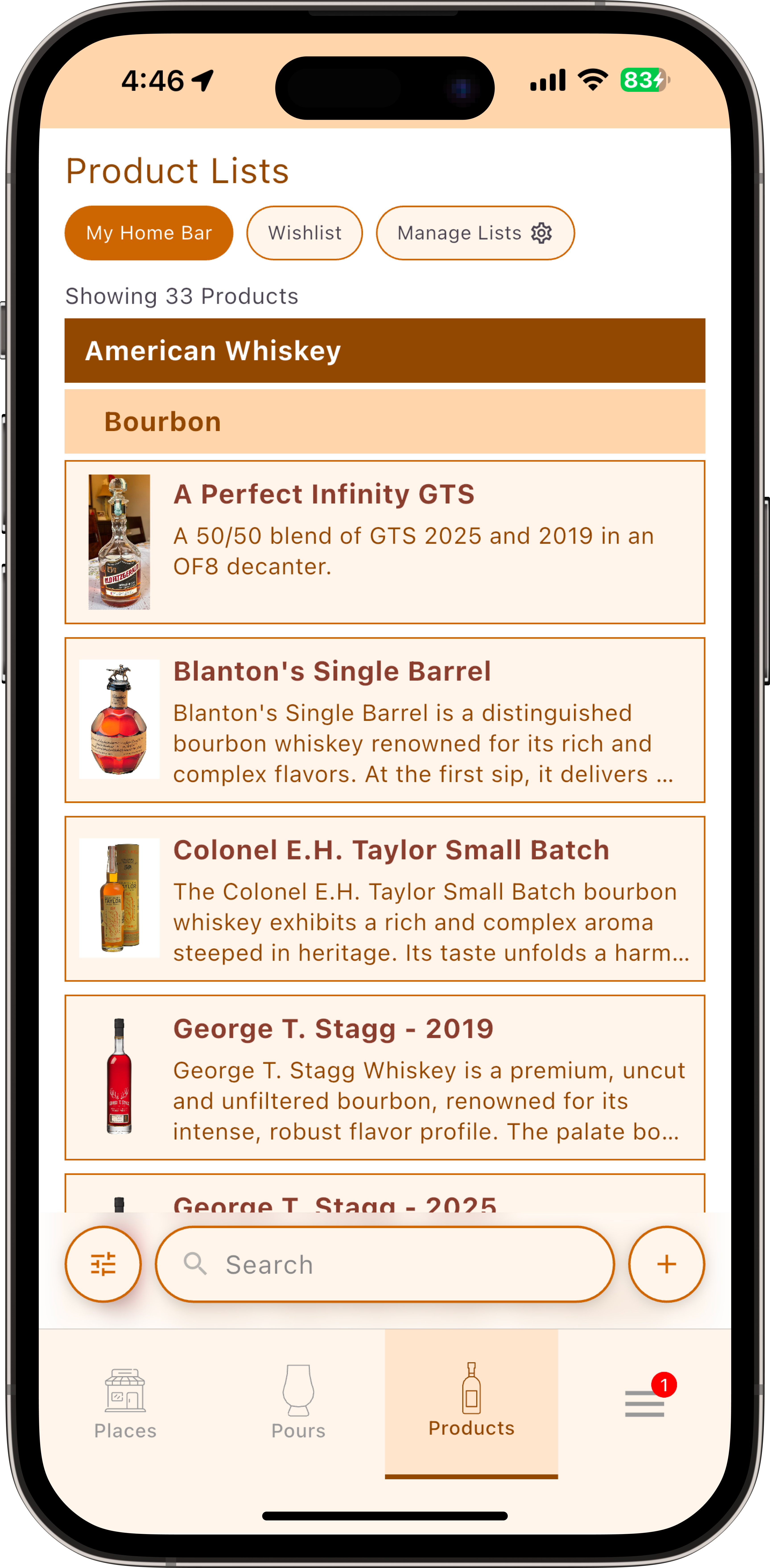 PourlyDone Products tab — home bar inventory